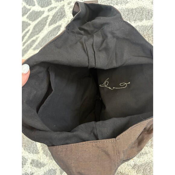 Brown Crossbody Fabric Bag with Linear Design and Wooden Button Details - Picture 4 of 4